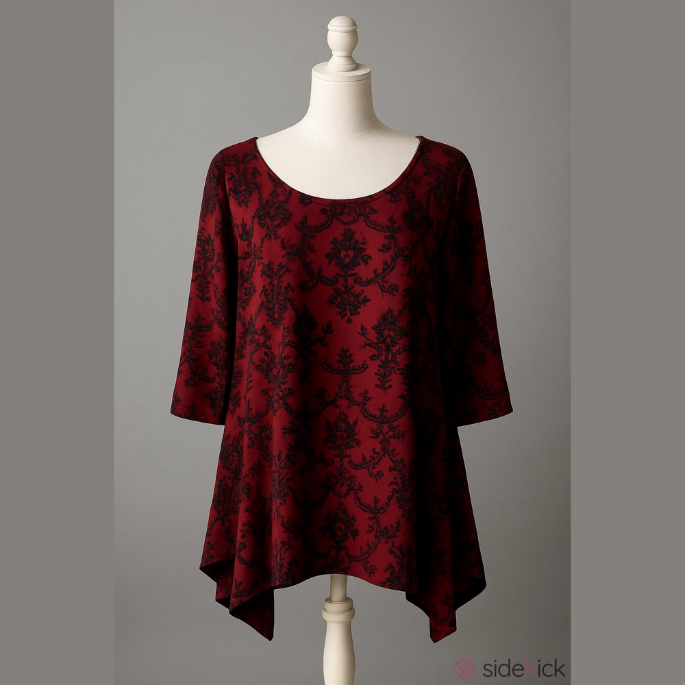 BloomChic Plus 22-24 Tunic Top Burgundy Red Black Floral Damask Knit 3/4 Sleeves